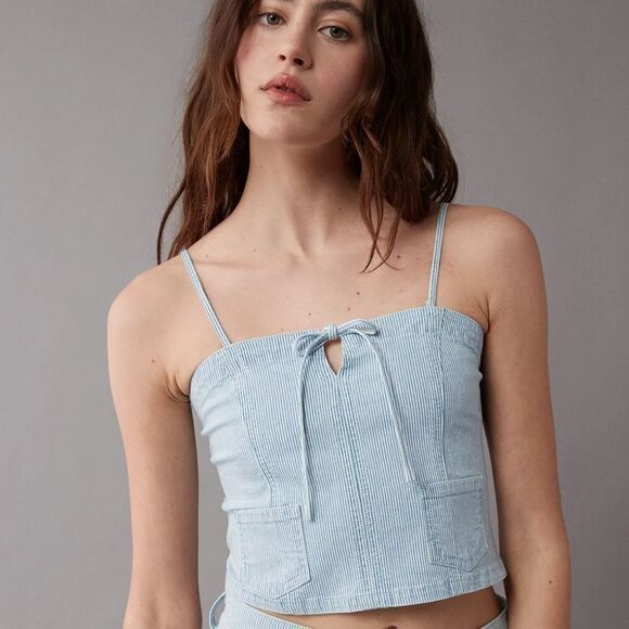 AE Light Blue Pin Stripe Vintage Wash Railroad Denim Cropped Spaghetti Top - Picture 3 of 17